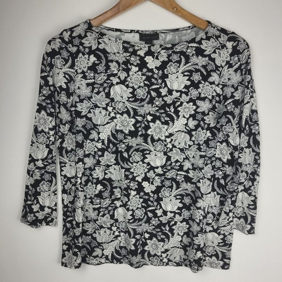 J. Jill Tops - J Jill Wearever Collection Shirt XS Black White Tunic 3/4 Sleeve Boatneck Floral
